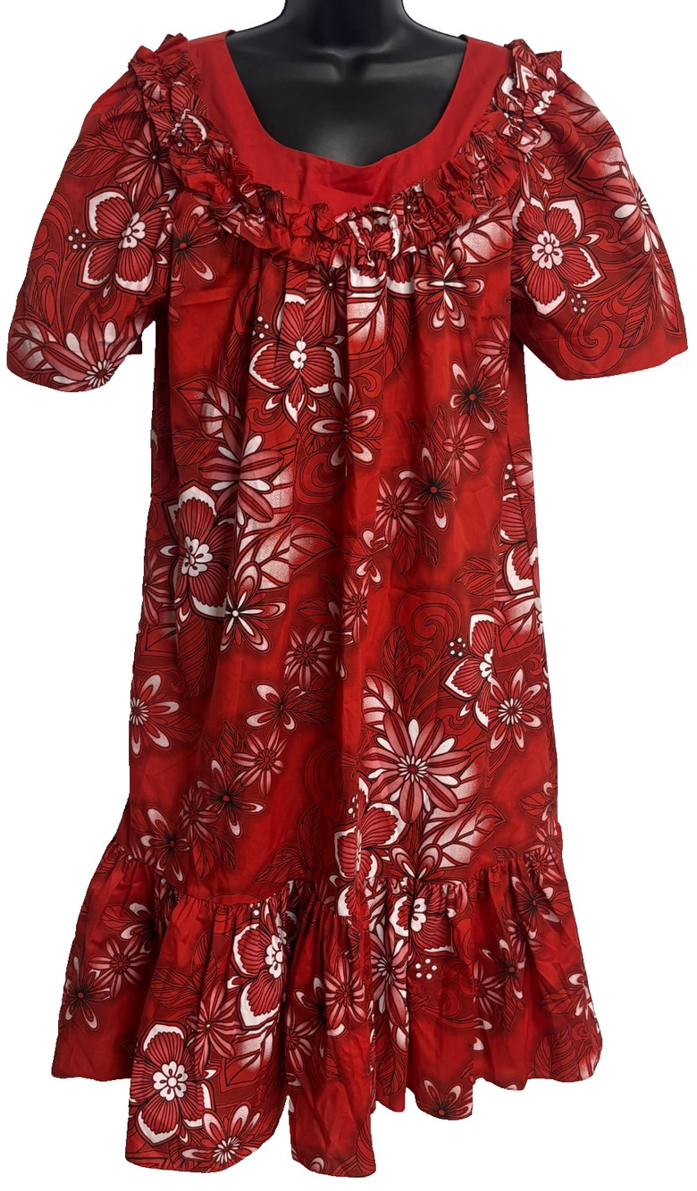 Good Times Hawaii Muumuu Dress XL Red Floral Ruffle Collar Short Sleeve Tiered